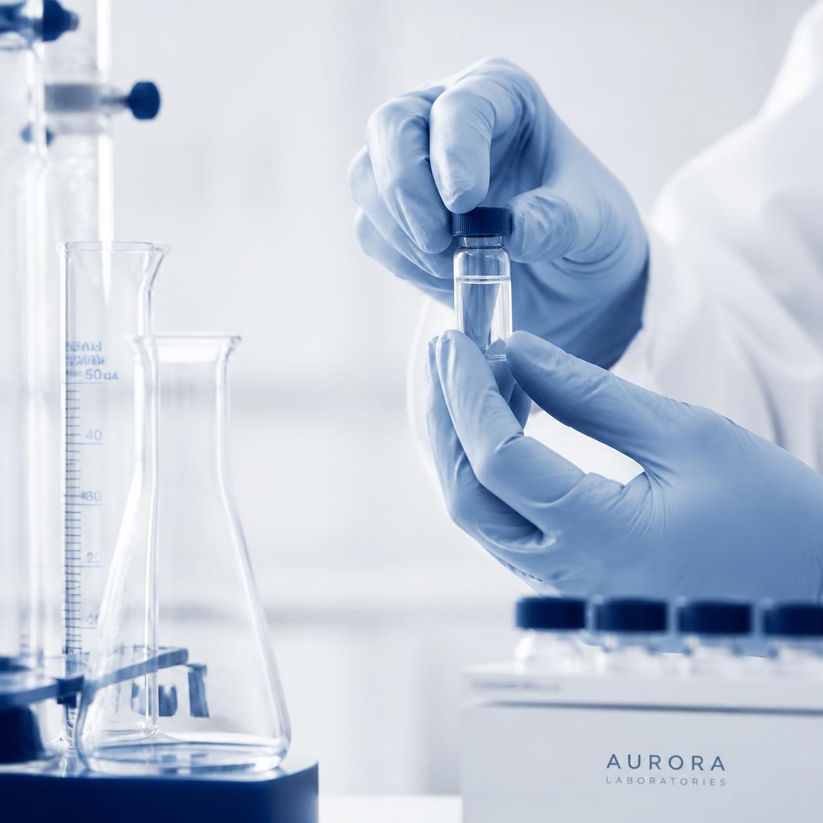 Laboratory technician handling a small clear vial beside glassware