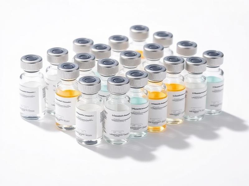 Cluster of assorted clear peptide supply vials on a white background