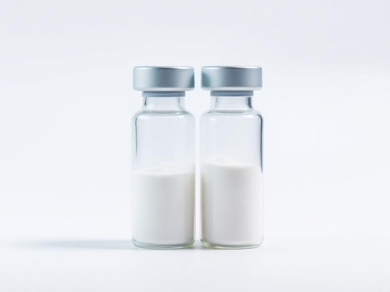 Two lyophilized TB-500 peptide powder vials with silver crimp caps