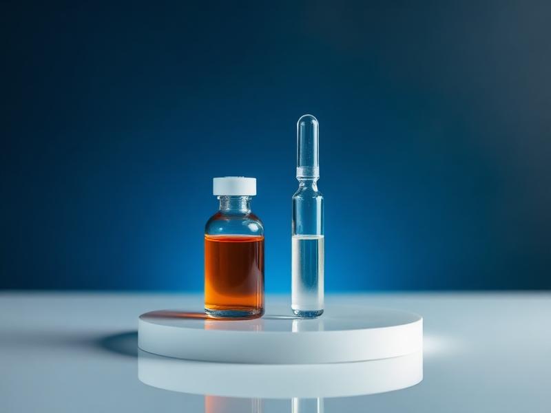 MOTS-c vial next to a sterile glass ampoule on a white podium