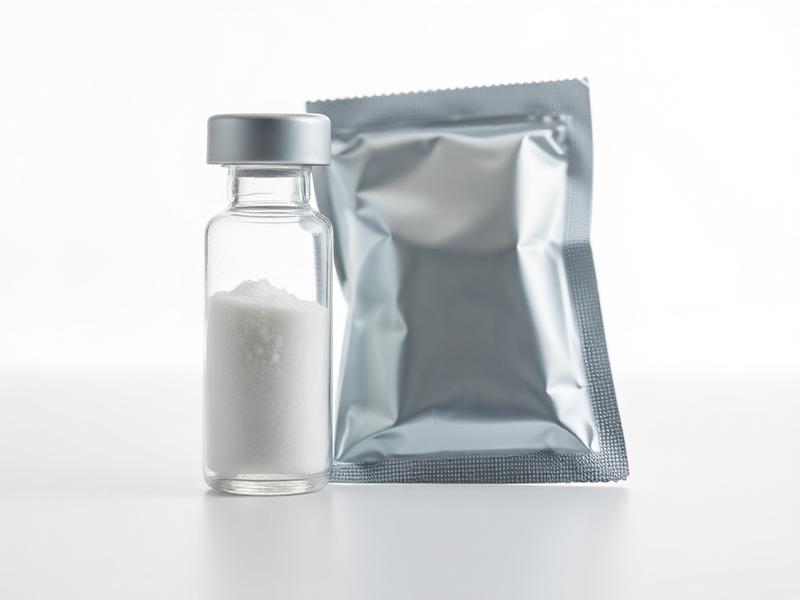 AOD-9604 vial with white lyophilized powder beside a sealed foil pack