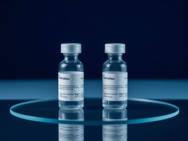Two labelled SS-31 peptide vials on a reflective navy surface